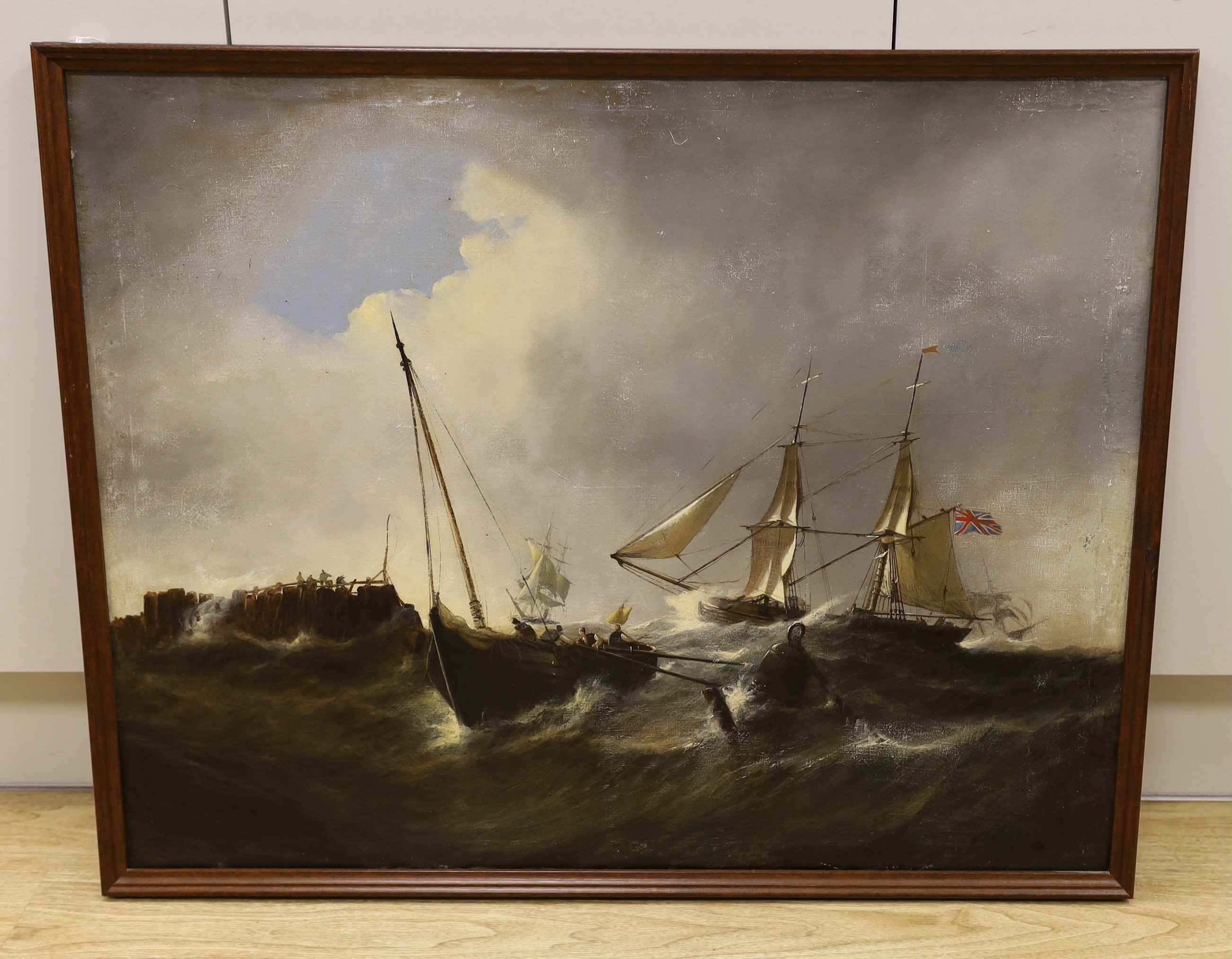 19th century English School, oil on canvas, Shipping off the coast in a rough sea, indistinctly signed, 65 x 82cm